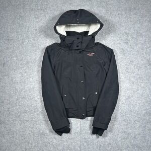 Hollister Jacket‎ Womens Size xxs Black All Weather Hooded Sherpa Lined Y2k